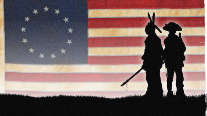 Soldiers silhouette in front of colonial flag